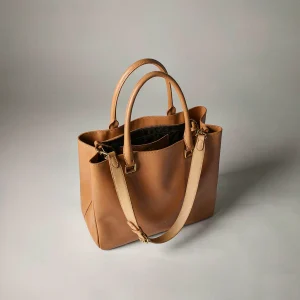 Caramel tan leather structured tote bag