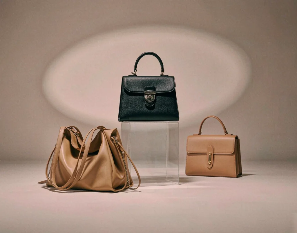 Group of leather handbags on a minimal studio set