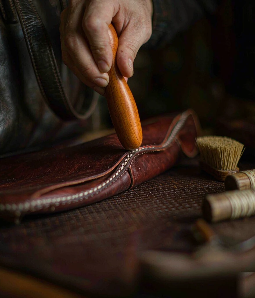 Burnishing the edge of a leather bag