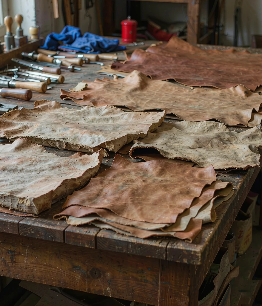 Full grain leather hides on a workshop bench