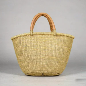 Natural woven straw tote bag with leather handles