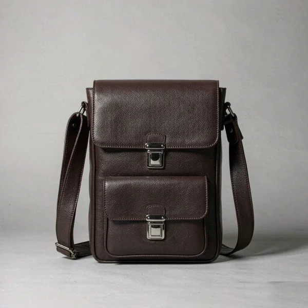 Dark brown leather messenger bag with flap closure