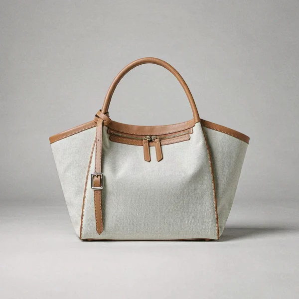 Natural canvas tote with tan leather trim