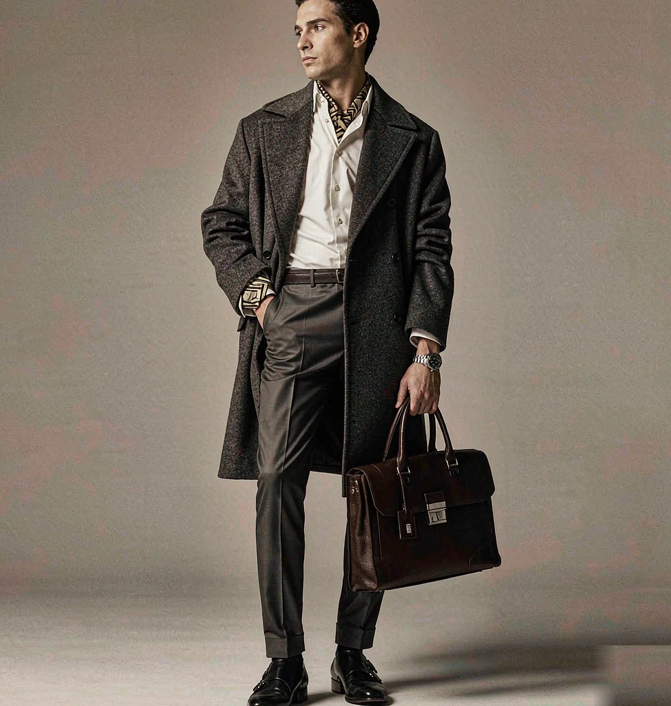 Man in a charcoal coat carrying a dark brown leather briefcase