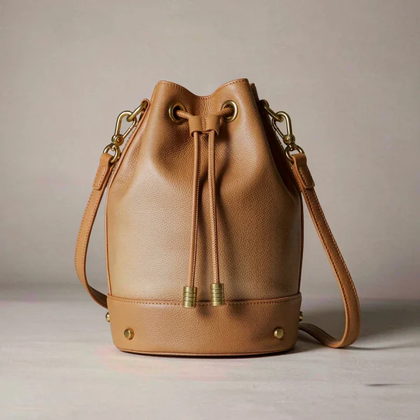 Caramel leather bucket bag with drawstring closure