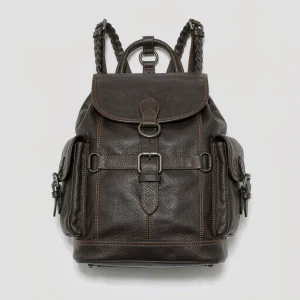 Dark brown leather backpack with flap and buckle