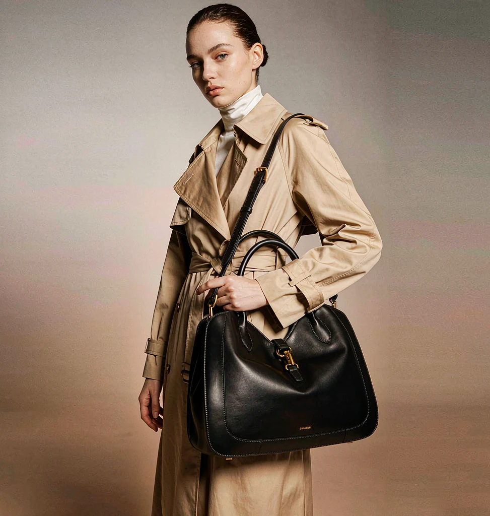 Woman in a beige coat carrying a black leather shoulder bag